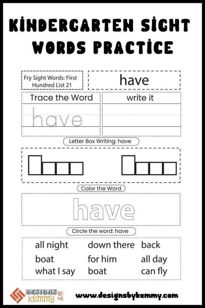 Sight Words Kindergarten Worksheets