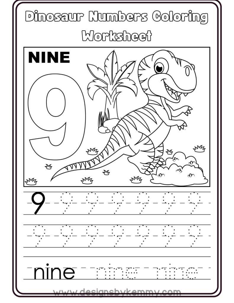 Dinosaur Number 9 Coloring worksheet