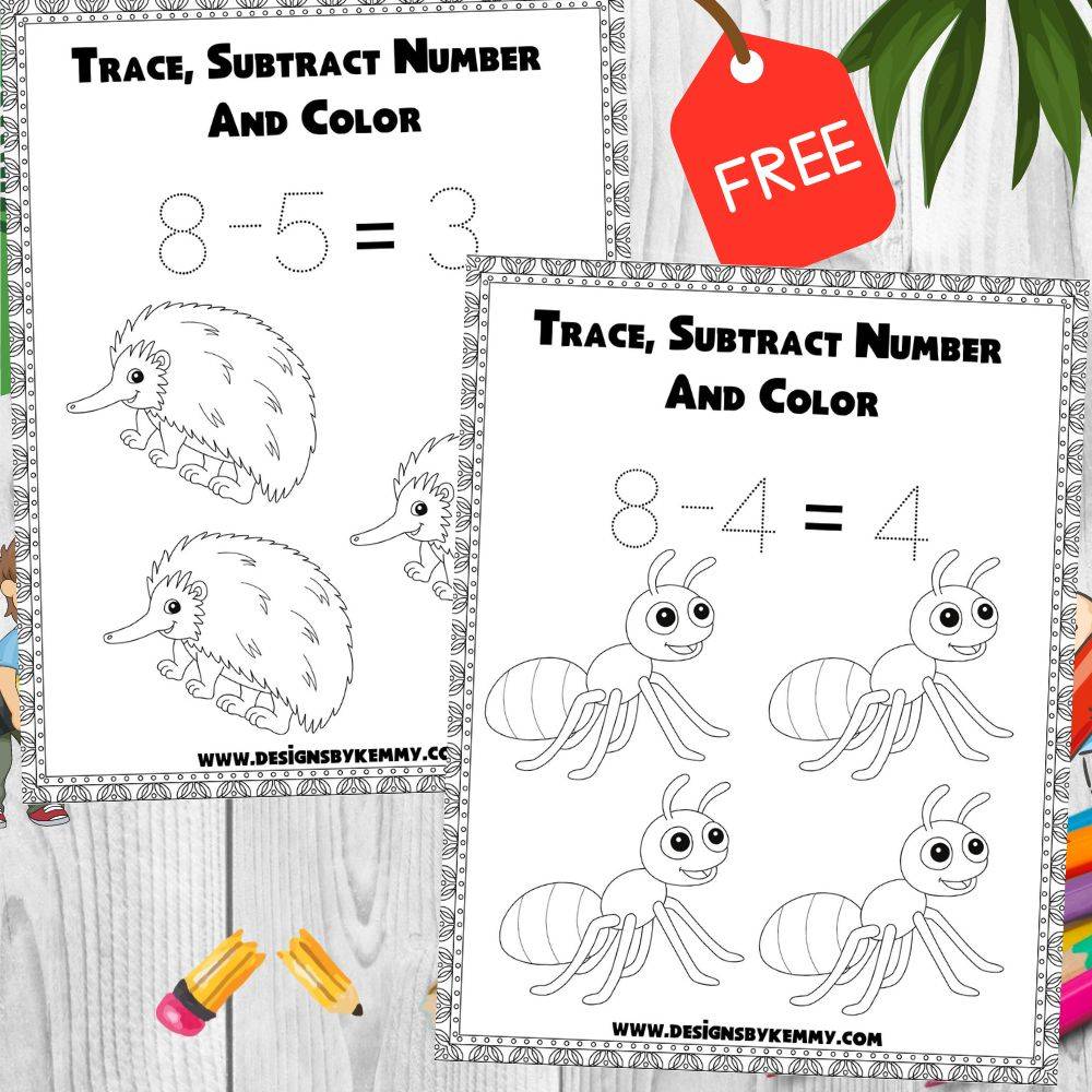 Number Tracing Subtract color worksheet